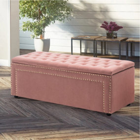 Livingandhome Pink Frosted Velvet Ottomans Buttoned Storage Bench