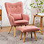 Livingandhome Pink Frosted Velvet Wing Back Lounge Armchair with Footstool