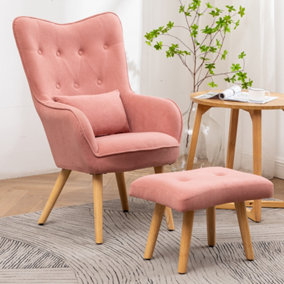 Livingandhome Pink Frosted Velvet Wing Back Lounge Chair with Footstool