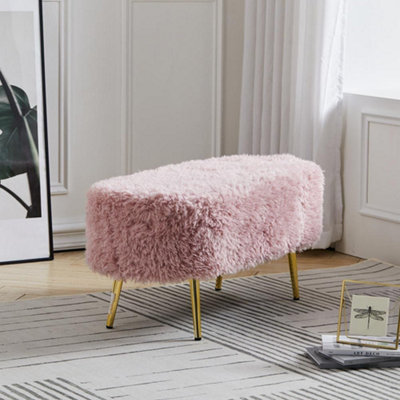 HOUCHICS Modern Fur Padded Foot Rest Ottoman with Wooden Legs Pink