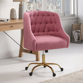 Livingandhome Pink Velvet Office Chair Tufted Back 5-Claw Gold Metal Legs