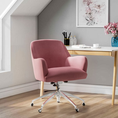 Livingandhome Pink Velvet Upholstered Swivel Office Chair | DIY at B&Q