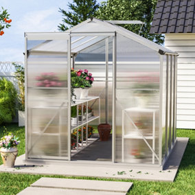 Livingandhome Polycarbonate Greenhouse Aluminium Frame Walk In Garden Green House with Base Foundation,Silver 8x6 ft