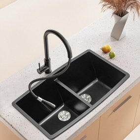 Livingandhome Quartz Equal Double Bowl Undermount Kitchen Sink Black 840x475mm