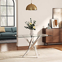 Livingandhome Rectangle Modern Dining Table with Tempered Glass Top and Metal Tubular Legs