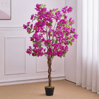Livingandhome Red Artificial Bougainvillea Flower Tree Fake Plant House Plant in Black Pot H 150