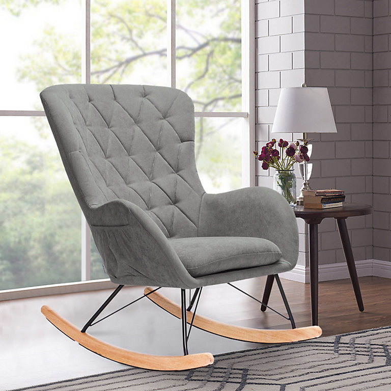 Livingandhome Rhombus Linen Rocking Chair Armchair with Pocket, Light Grey | DIY at B&Q