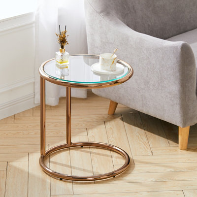 Livingandhome Rose Gold Tempered Glass Side Table with Metal Base 49cm