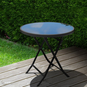 Livingandhome Round Glass Foldable Metal Table for Garden and Bitro 60cm