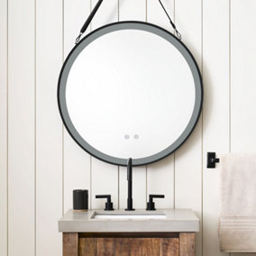 Livingandhome Round Metal LED Bathroom Mirror with Hanging Strap 800mm Dia