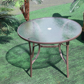Livingandhome Round Tempered Glass Outdoor Coffee Table with Parasol Hole 105cm