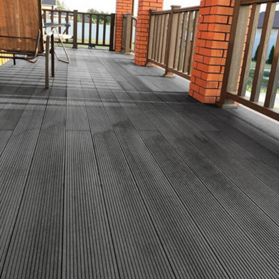 Livingandhome Set of 14 Dark Grey WPC Composite Decking Waterproof Floor Tiles Set with Accessories Kit 7.3 m²