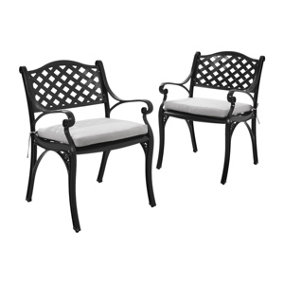 Livingandhome Set of 2 Black Retro Cast Aluminum Lattice Garden Patio Chairs with Cushions 82 cm