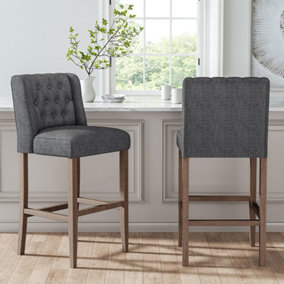 Livingandhome Set of 2 Dark Grey Rustic Bar Stools Linen Tufted Button High Chair with Wooden Legs