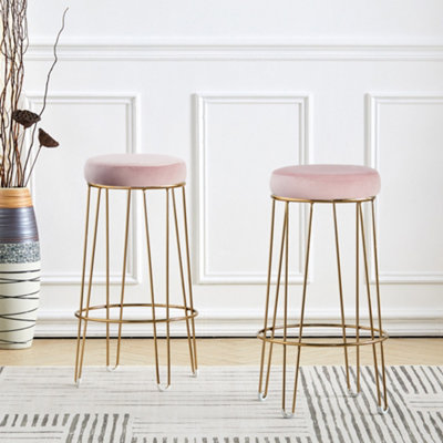 Livingandhome Set of 2 Pink Velvet Counter Height Bar Stool with