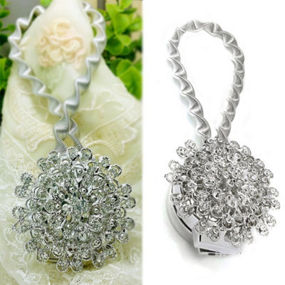 Livingandhome Set of 2 Silver Luxurious Crystal Magnetic Curtain Tiebacks