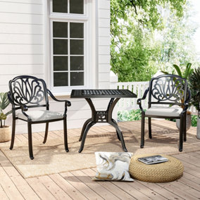 Livingandhome Set of 3 Black Cast Aluminum Outdoor Garden Dining Table and 2 Chairs Set with Parasol Hole