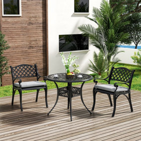Livingandhome Set of 3 Black Retro Cast Aluminum Garden Bistro Furniture Set Round Table and Chair Set with Cushions