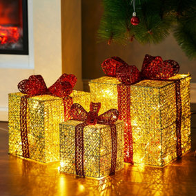 Livingandhome Set of 3 Christmas Present Metal Gift Boxes with LED Light