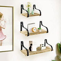 Livingandhome Set of 3 Industrial Flat Panel Wall Mounted Shelf with Wood Planks