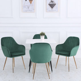 Livingandhome Set of 4 Green Velvet Upholstered Dining Chairs Kitchen Chair Set Armchair with Metal Legs