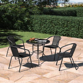 Livingandhome Set of 5 Black Garden Patio Metallic and Tempered Glass Round Table Stackable Chairs Set 80 cm