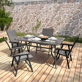 Livingandhome Set of 5 Black Garden Ripple Glass Rectangle Umbrella Table and Folding Chairs Set 150 cm
