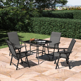 Livingandhome Set of 5 Black Garden Ripple Glass Rectangle Umbrella Table and Folding Chairs Set 80 cm