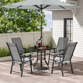 Livingandhome Set of 5 Black Garden Ripple Glass Round Umbrella Table and Folding Chairs Set 80 cm