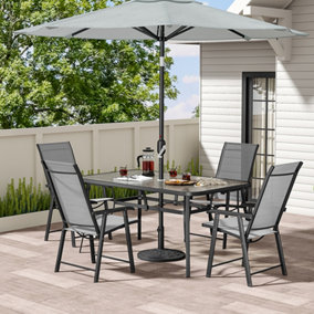 Livingandhome Set of 5 Black Tempered Glass Outdoor Coffee Umbrella Table and Folding Chairs Set 150 cm