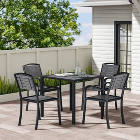 Livingandhome Set of 5 WPC Metal Garden Dining Square Table and 4 Chairs Set with Umbrella Hole, Grey