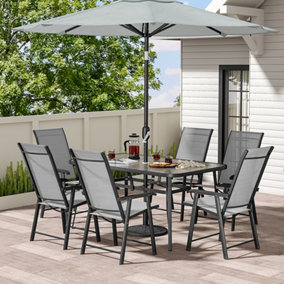 Livingandhome Set of 7 Black Tempered Glass Outdoor Coffee Umbrella Table and Folding Chairs Set 150 cm