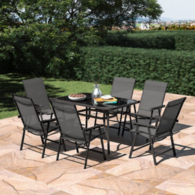 Livingandhome Set of 7 Garden Ripple Glass Rectangle Umbrella Table and Folding Chairs Set 120 cm
