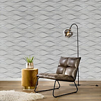 Livingandhome Silver Grey 3D Peel and Stick Wavy Striped Non Woven Fabric Background Wallpaper Roll 9m