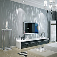 Livingandhome Silver Grey Wave Striped Non Woven Embossed Flocking Wallpaper 950 cm