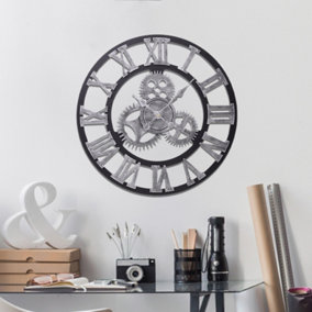 Livingandhome Silver Industrial Large Luxury Silent Roman Numeral Metal Wall Clock 58 cm