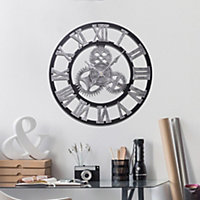 Livingandhome Silver Industrial Large Roman Numeral Metal Wall Clock 58 cm