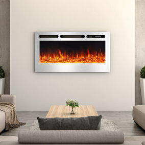Livingandhome Silver Linear Wall Mounted and Recessed Chrome Electric Fireplace 40 Inch