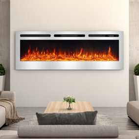 Livingandhome Silver Linear Wall Mounted and Recessed Chrome Electric Fireplace 60 Inch