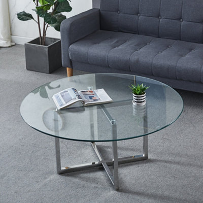 Livingandhome Silver Round Glass Coffee Table Metal Base for Living