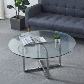 Livingandhome Silver Round Glass Coffee Table Metal Base for Living Room Dia 100cm