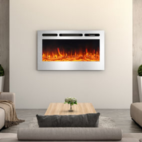 Livingandhome Silver Wall Mounted or Inset Electric Fire Fireplace 12 Flame Colors with Remote Control 36 Inch
