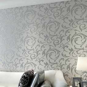 Livingandhome Silvergrey Modern Damask Embossed Textured Non Woven Wallpaper Roll 10m