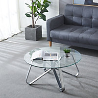 Livingandhome Sliver Modern Round Coffee Table Sofa Side Table with Glass Top