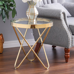 Livingandhome Tempered Glass Coffee Table Round Tea Table with Metal Legs Dia 45CM