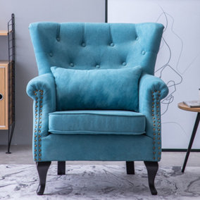 Livingandhome Tiffany Blue Chenille Wingback Armchair with Thick Cushion and Lumbar Pillow