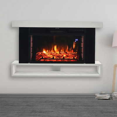 Livingandhome Wall Mounted Fire Suite Black Electric Fireplace with White Surround Set 7 Flame Colors Remote Control 37 Inch