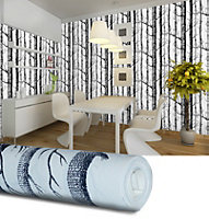 Livingandhome Wallpaper for Bedroom 3D Effect Birch Tree Self Adhesive Wallpaper Film Decor 10m