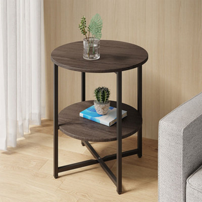 Livingandhome Walnut Small Round Bedside Table Coffee Table with 2 Tier ...