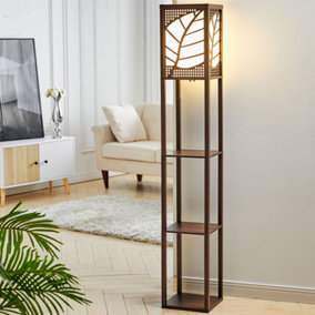 Livingandhome Walnut Standing Wooden Floor Lamp Floor Light with Storage Shelf 160 cm